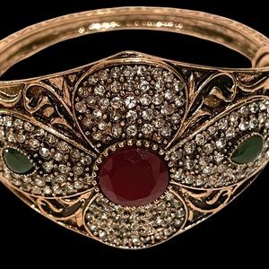 Glamorous Ruby and Emerald Turkish Brass Bangle Bracelet